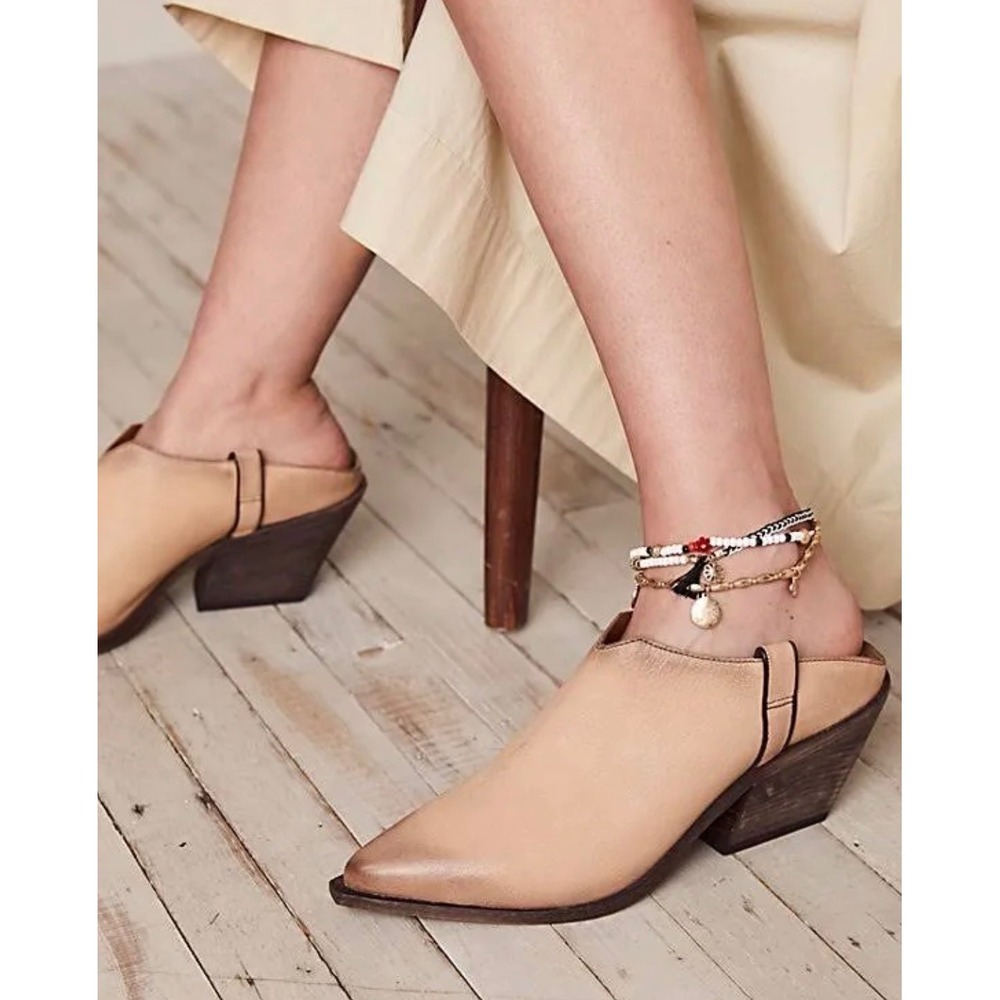 Free People Marfa Western Pointed Toe Block Heel Mules Womens Size 38 Tan Boho